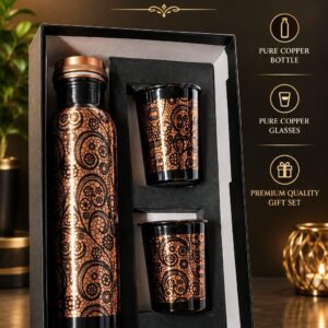 Premium 3-in-1 Pure Copper Gift Set - Colorful Folk Print Bottle with 2 Glasses