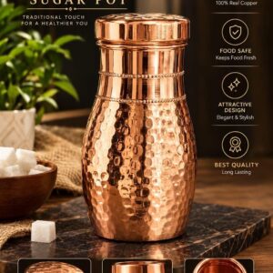 Premium Pure Copper Sugar Pot with Hammered Finish and Lid - Traditional Storage