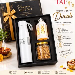 Premium Diwali Gift Set - 500ml Stainless Steel Bottle, Dry Fruits Jar and LED Lantern Lamp