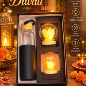 Happy Diwali Gift Set - Silicone Sleeve Glass Bottle with 2 LED Flower Tea Lights in Premium Box
