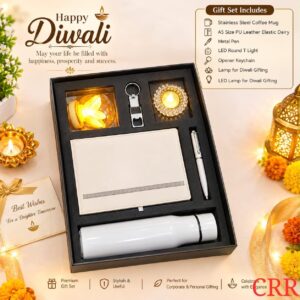 Happy Diwali Corporate Gift Set - Diary, Metal Pen, Bottle, Keychain Opener and LED Lamps - 6 in 1